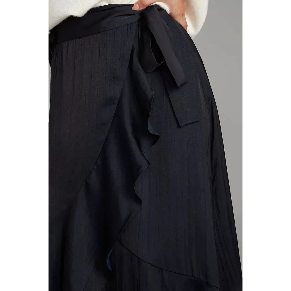 Anthropologie Maeve Ruffled Wrap Maxi Skirt Size XL in Black Blue Side Tie Flowy